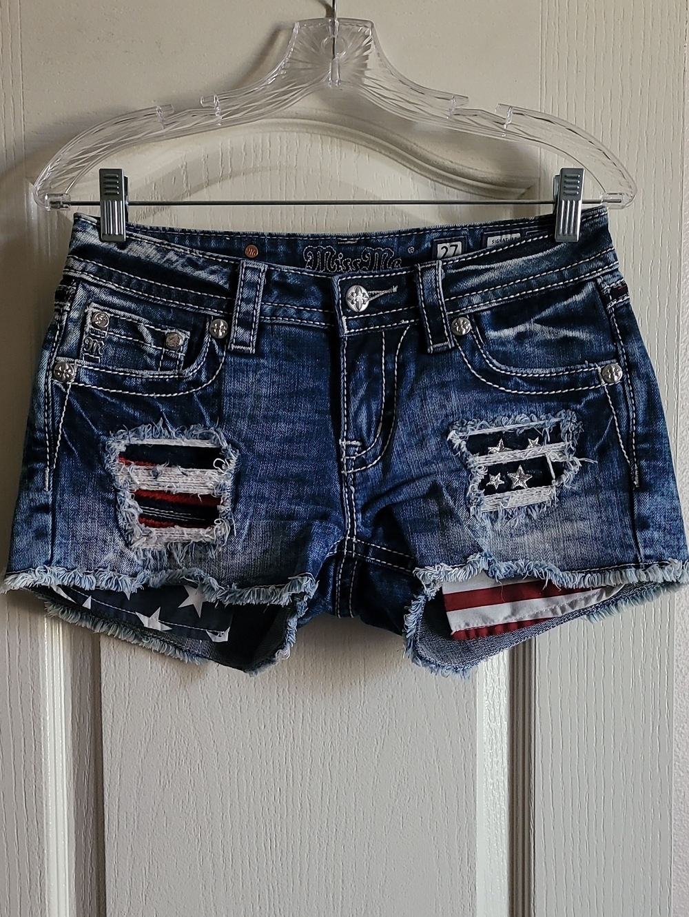 Miss Me Distressed Blue Denim Shorts with Red, White & Blue Flag Details